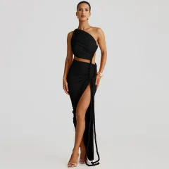 Fashion One Shoulder Tube Top Backless Hollow Tether Ruched Dress - Black - View 1