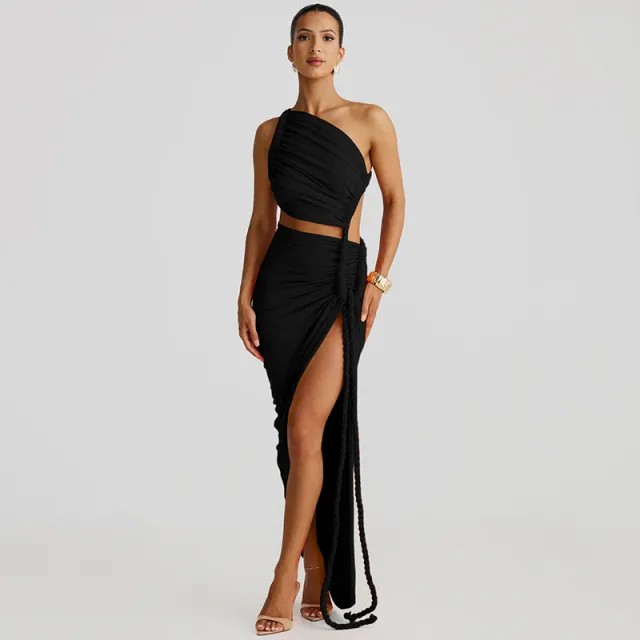 Fashion One Shoulder Tube Top Backless Hollow Tether Ruched Dress Black - Shop at LoveMi