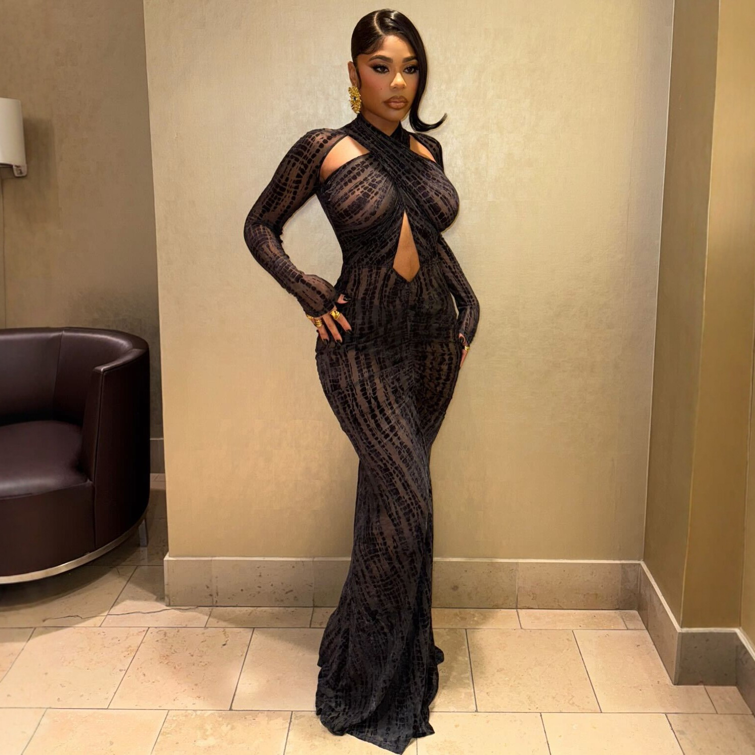 Solid-color Slim-fit Crossover-neck Sexy Evening Gown Maxi Dress