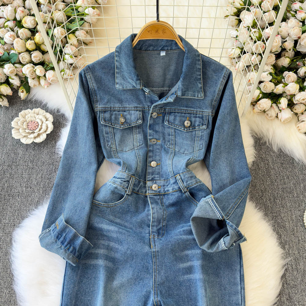 Women's Casual Long-sleeve Denim Jumpsuit