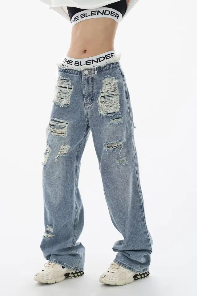 Ripped Jeans Women's High Waist Trendy High looking Versatile Slimming Straight leg Wide leg Pants Blue - Shop at LoveMi