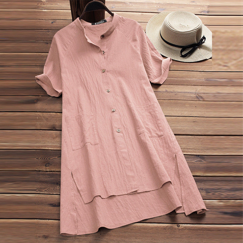 Casual Womens Raglan-sleeve Cotton-linen Top With Buttoned Pockets