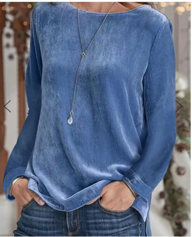 Solid Color Velvet Round Neck Pullover Long Sleeve Sweater Blue - Shop at LoveMi