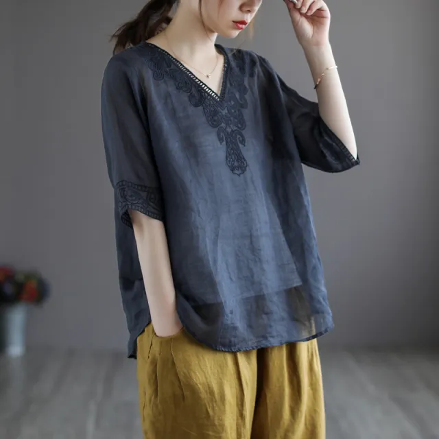 Women's Fashion Retro Cotton And Linen Embroidered V neck Short sleeved T shirt Dark Blue - Shop at LoveMi