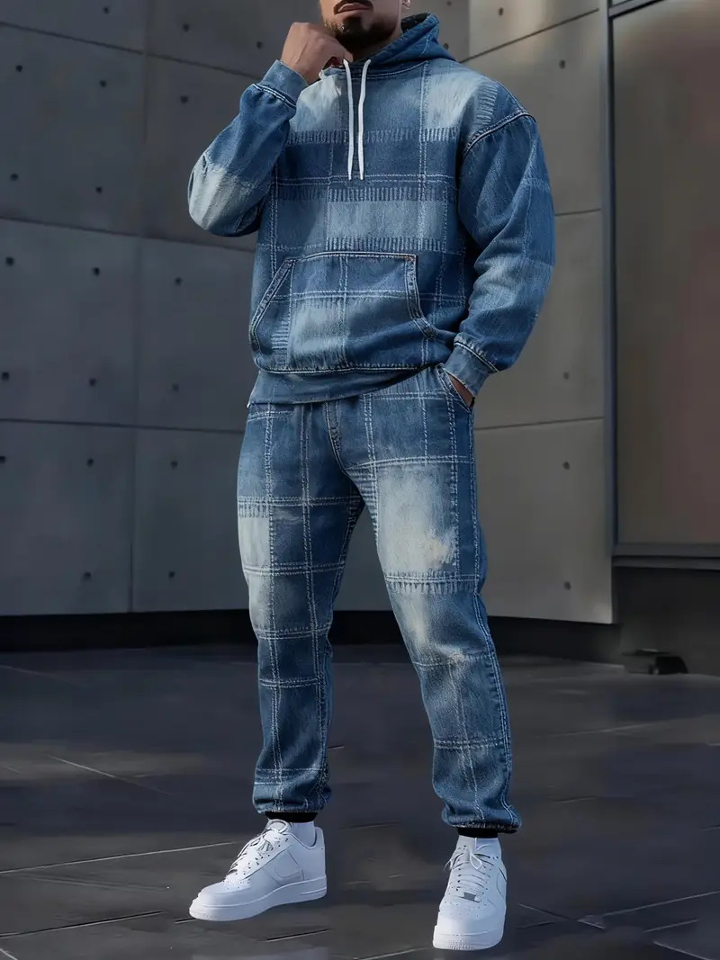 Mens Lettered Denim Hoodie With Fashionable 3D Print