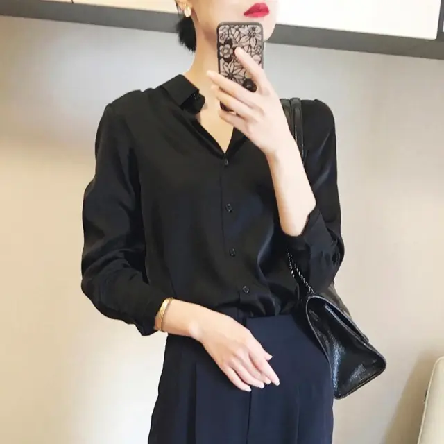 Satin Real Silk Shirt Elegant High end Obsidian Black - Shop at LoveMi