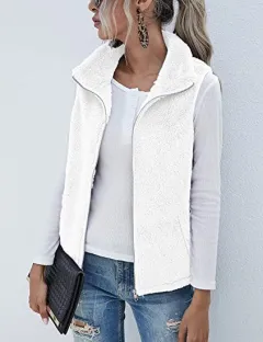 Plush Stand Collar Sleeveless Zipper Lightweight Vest - White - View 1