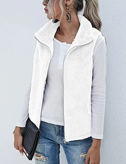 Plush Stand Collar Sleeveless Zipper Lightweight Vest - White