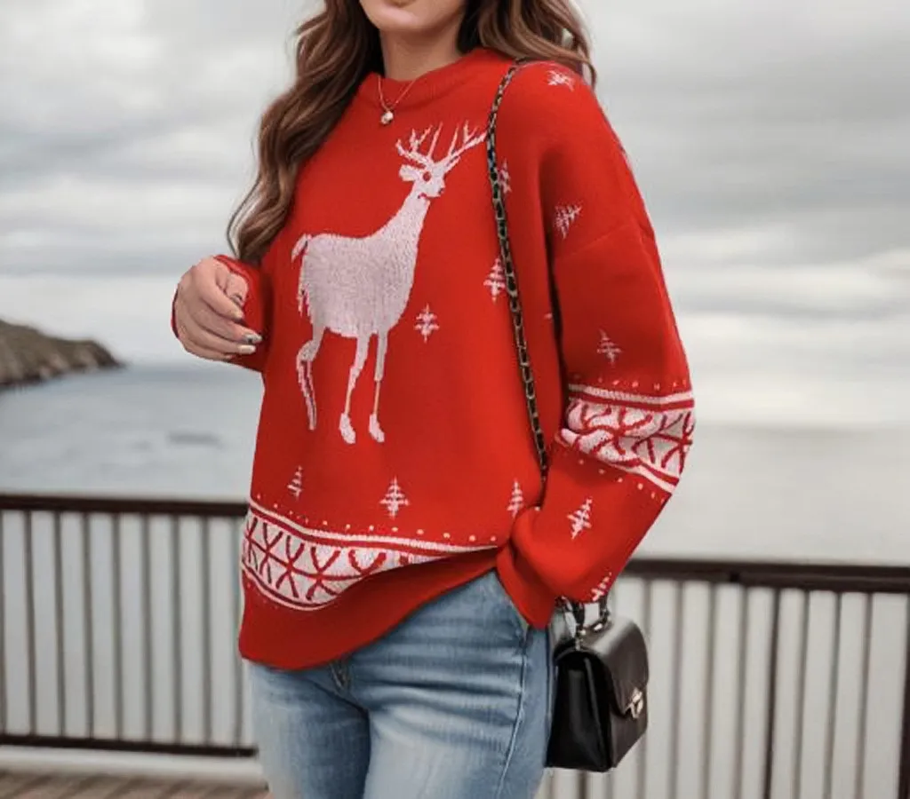 Christmas Elk Autumn And Winter Loose Women's Knitwear Round Neck Brocade Sweater - Red