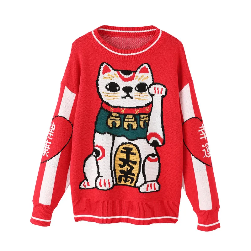 Women's Fashion Lucky Cat Thick Retro Sweater - Picture Color-L