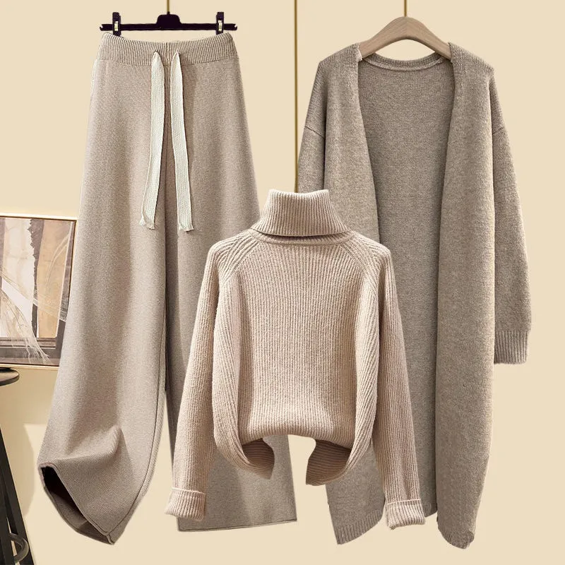 Idle Style Three-piece Set Thick Turtleneck Sweater Wide Leg Pants Wear Long Cardigan Jacket Slimming - Style Three Pieces 1-M