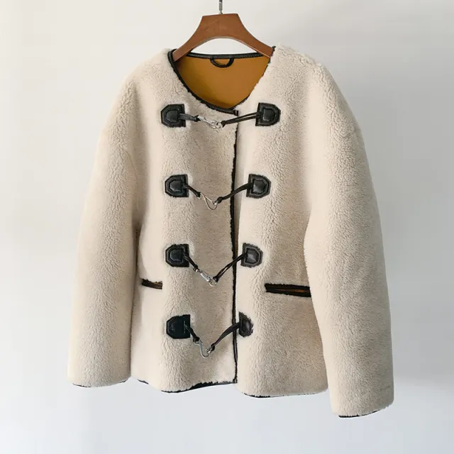 Autumn And Winter New Metal Leather Ring Fur Stitching Casual Fashionable Stylish Coat Beige - Shop at LoveMi