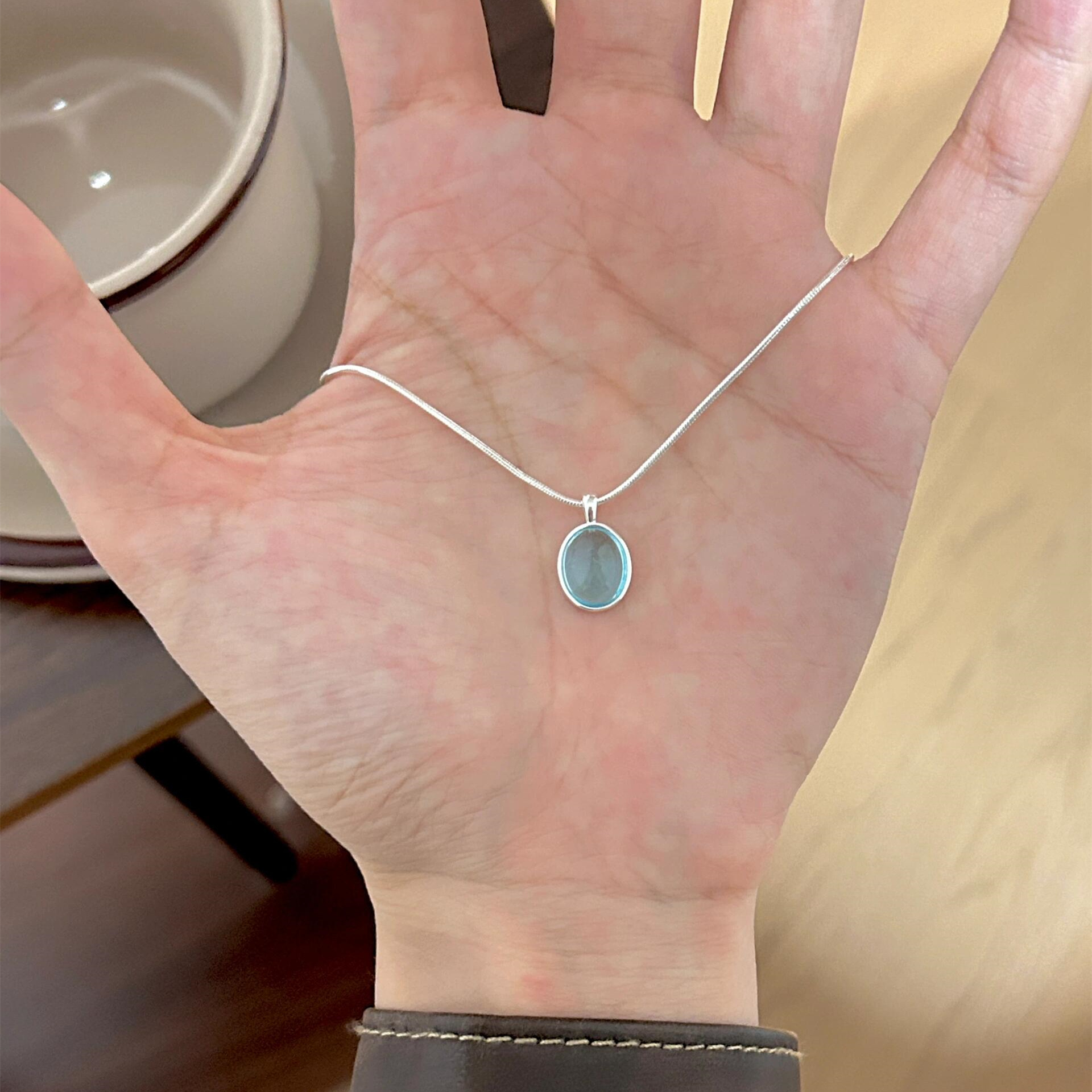 Ocean Blue Moonstone Necklace Female Oval Pendant Simple All-match Snake Bone Necklace