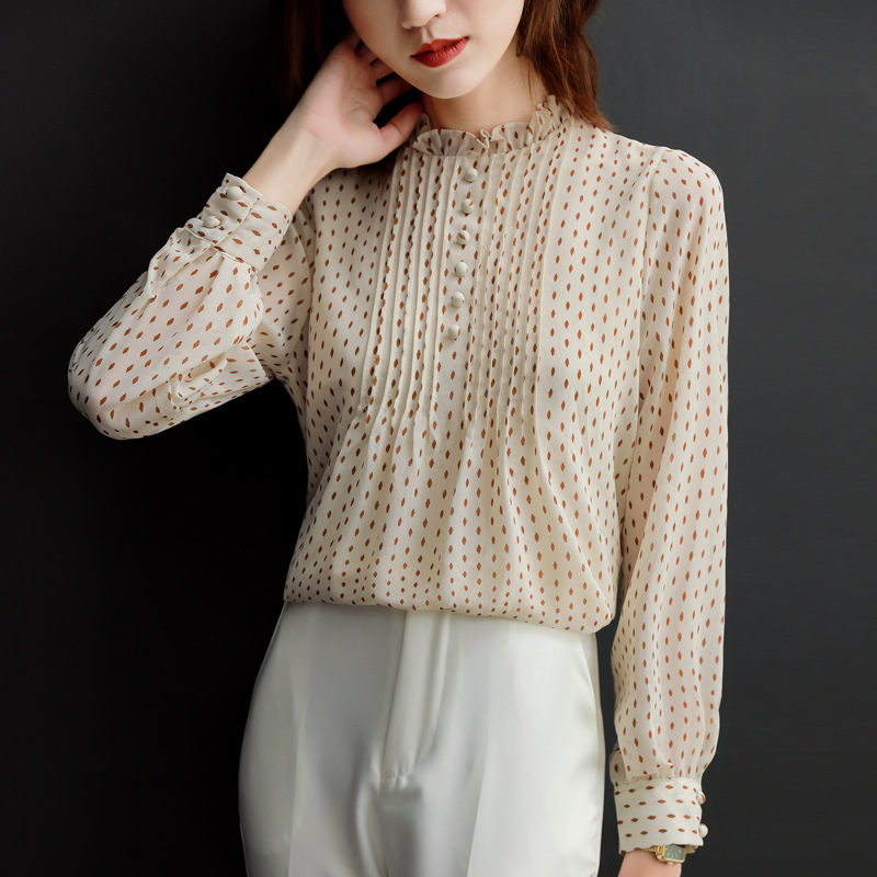 Fashion Stand Collar Polka Dot Chiffon Shirt Long Sleeve
