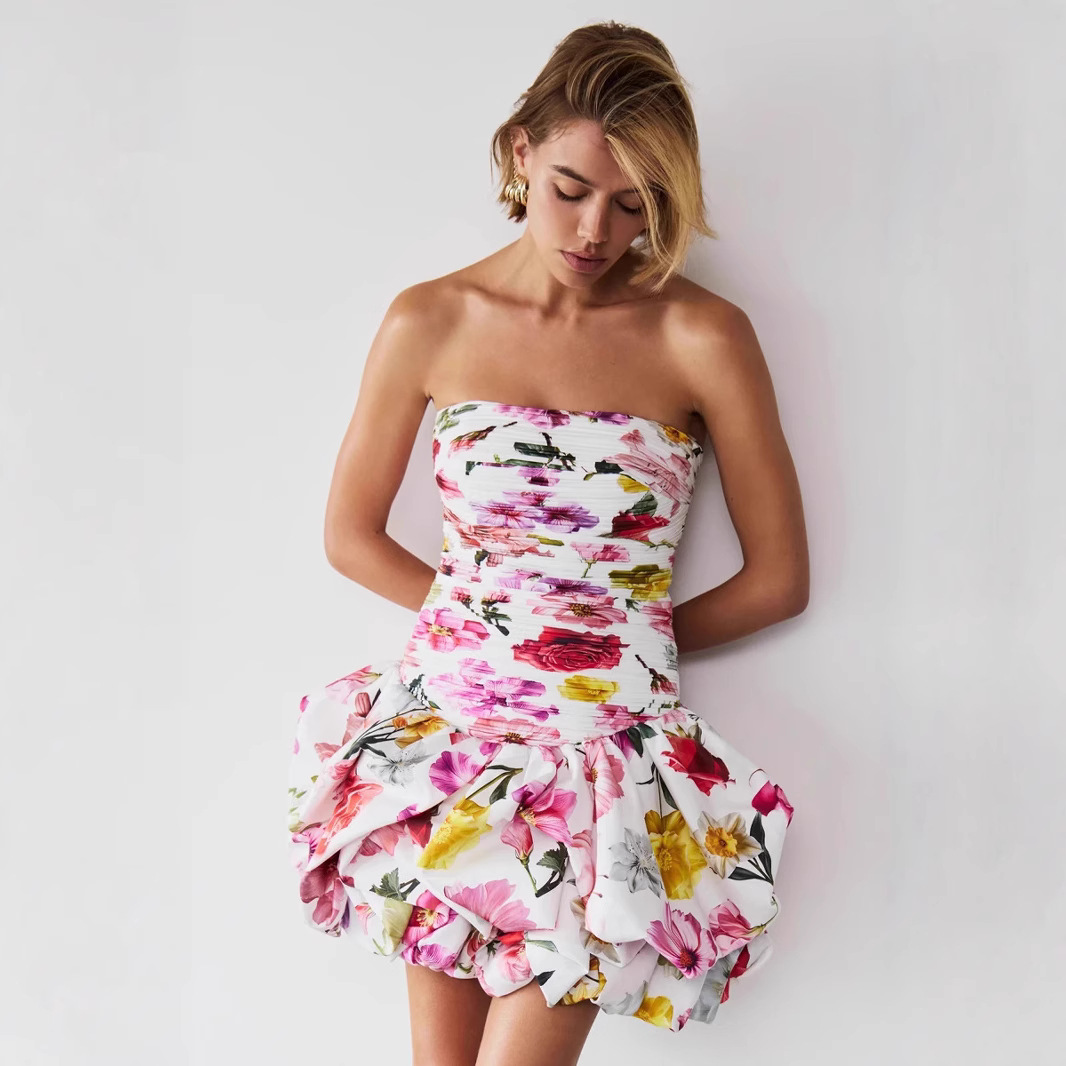 New Style Strapless Pleated Playful Short Dress For Women