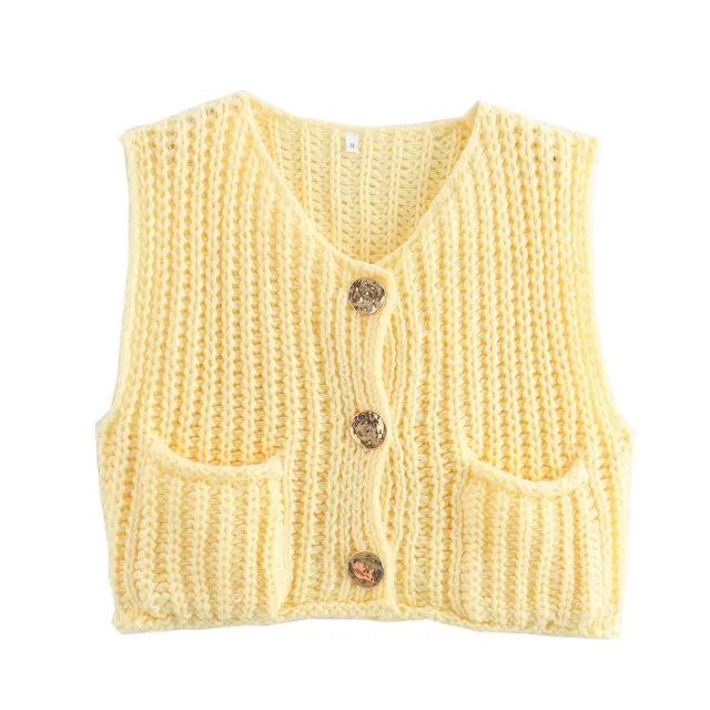 Women's Pocket Sleeveless Short Knitted Cardigan Vest Shirt Yellow - Shop at LoveMi
