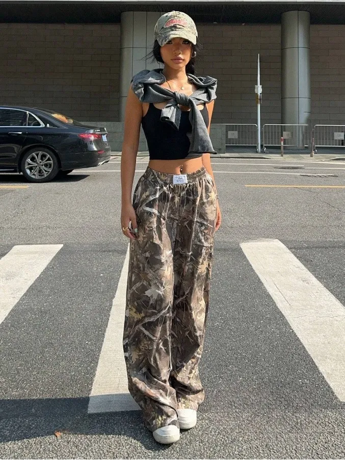 Slimming Casual Pants Hip Hop Retro Street Multi-pocket Camouflage Cargo Pants For Women Y2k Hip-hop Cargo Grunge Baggy Trousers - Branch Pattern-Xs
