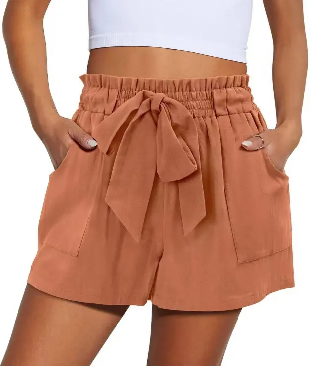 Summer New Elastic Waist Drawstring Knotted Short Solid Color Casual Women Orange Red - Shop at LoveMi