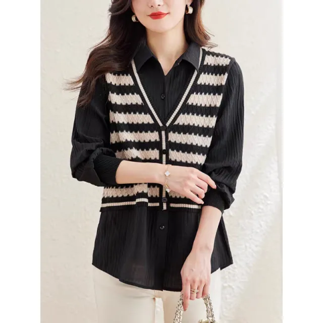 New Trendy Fake Two Pieces Knitted Top Black - Shop at LoveMi