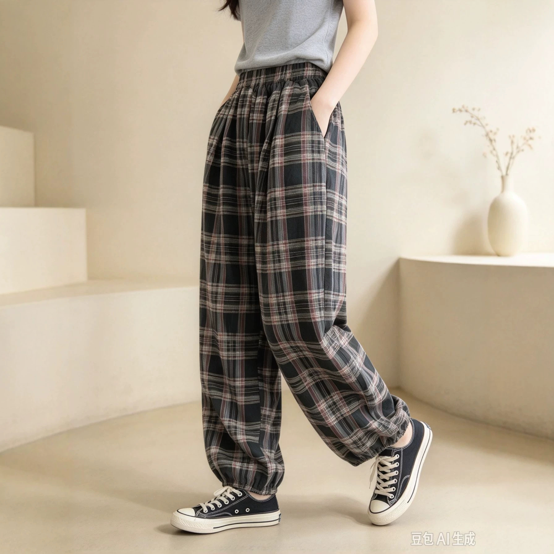 Women's Vintage Plaid Loose-fit Wide-leg Pants