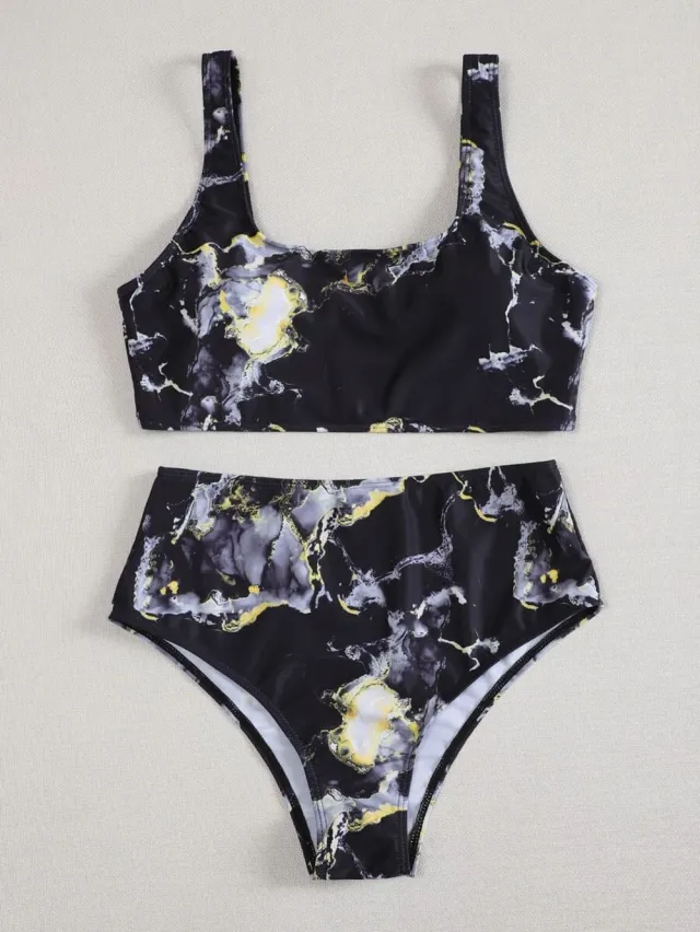 Marble Tie dye Printing Women's Seperated Swimwear U neck High Waist Bikini Black - Shop at LoveMi
