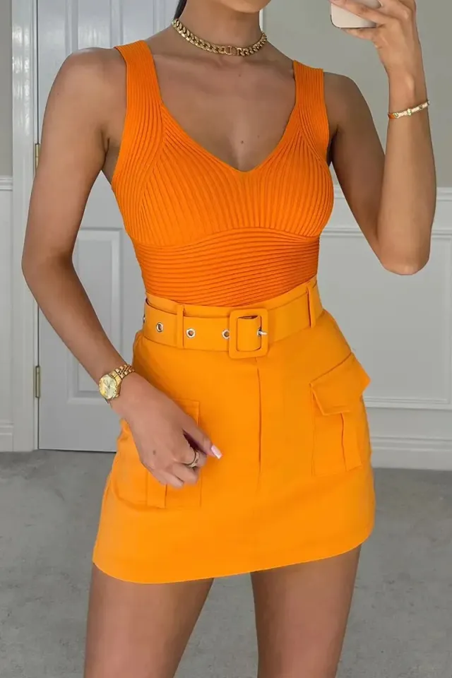 Summer European And American High Waist Fashion Pocket Short Pantskirt Orange - Shop at LoveMi