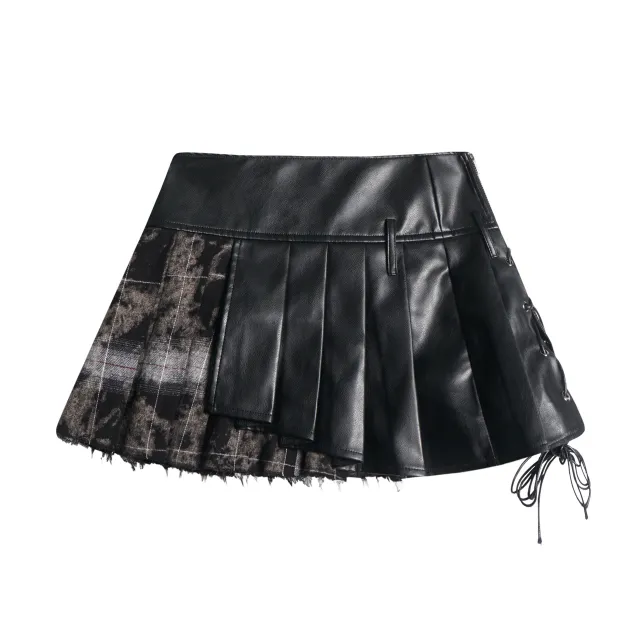 Fashion Leather Stitching Pleated Skirt Women Black - Shop at LoveMi
