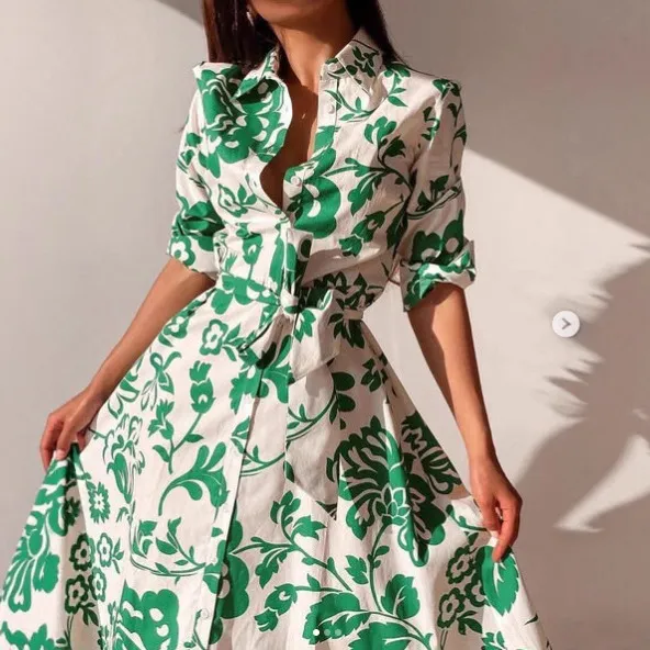 Womens Printed, Defined Waistline, Lace Up Long Sleeve Shirt Dress White - Shop at LoveMi