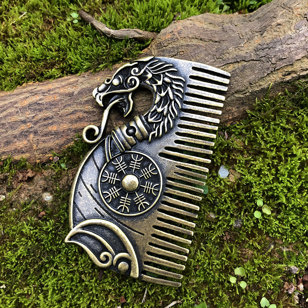 Stainless Steel Bronze Comb Double-sided Dragon Viking Rune Women's Jewelry