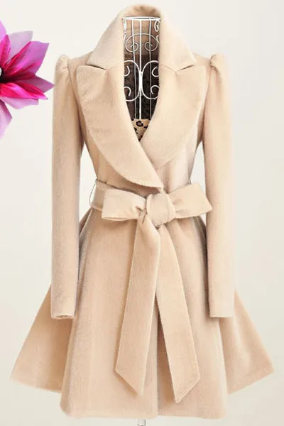 Cinched Waist Slim fit Women's Woolen Coat Apricot - Shop at LoveMi