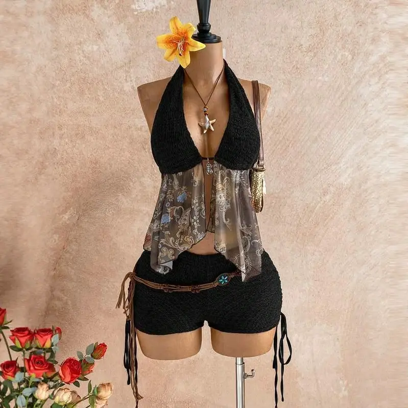 Womens Retro Halterneck Floral Print Drawstring Shorts