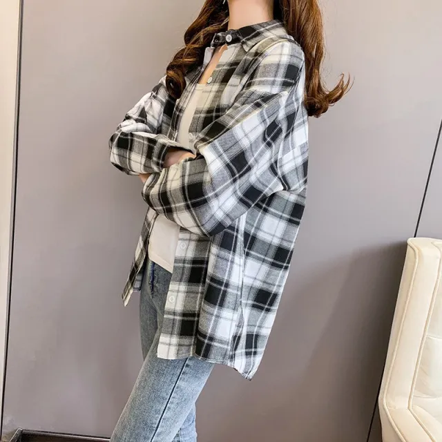 Plaid Long sleeved Shirt Loose fitting Versatile Outerwear Turn down Collar Coat White - Shop at LoveMi