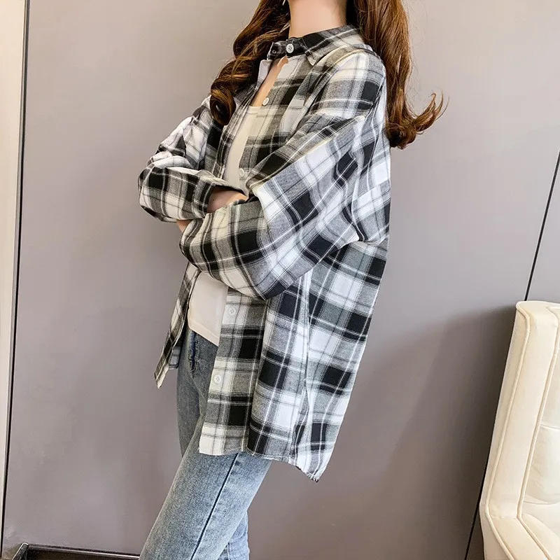 Plaid Long-sleeved Shirt Loose-fitting Versatile Outerwear Turn-down Collar Coat - White