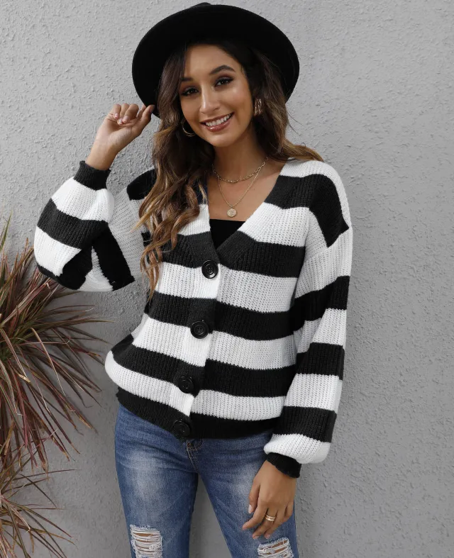 Women's Cardigan Striped Button Stitching Woven Sweater Black - Shop at LoveMi