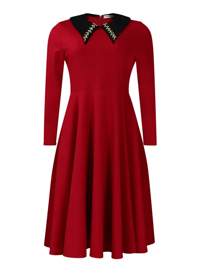 Long Sleeve Lapel Elegant Slimming Large Hem Dress Wine - Shop at LoveMi