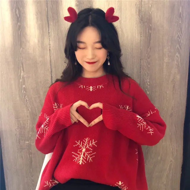 Women's Loose Top Student Cute Red Sweater Snowflake - Shop at LoveMi