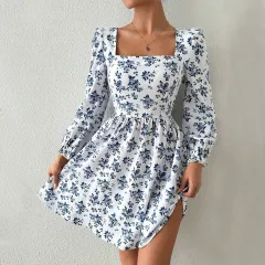 Women's French Square Neck Elegant Style Dress Autumn And Winter High Waist Backless Tie Floral Short Skirt - Blue - View 1