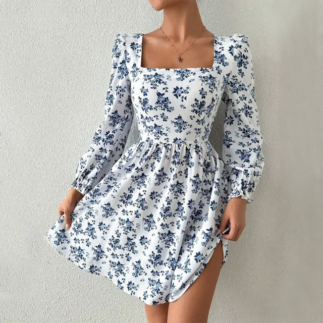 Women's French Square Neck Elegant Style Dress Autumn And Winter High Waist Backless Tie Floral Short Skirt White - Shop at LoveMi