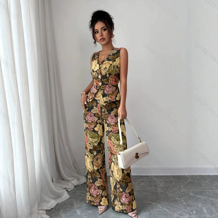 Womens Printed Waist-Cinching Sleeveless Vest Top High-Waisted Wide-Leg Pants Two-Piece Set 6