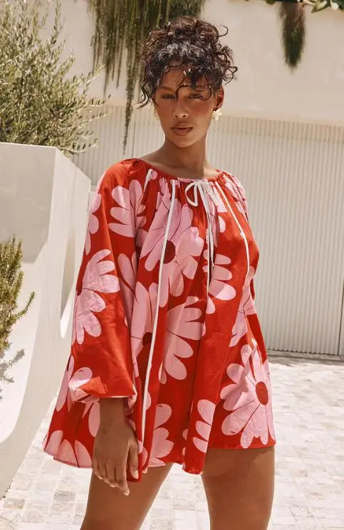 European And American Printed Lantern Sleeve A Line Collar Lace up Top Red - Shop at LoveMi