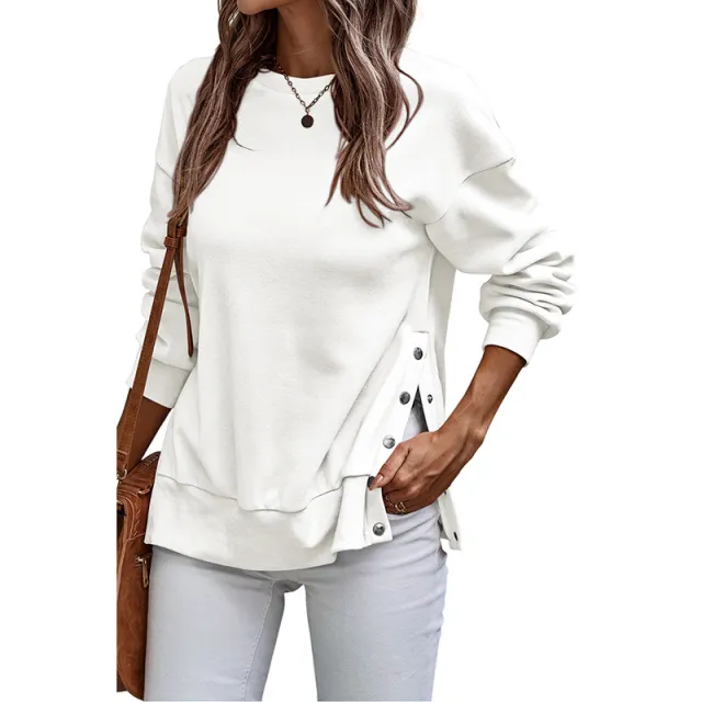 Solid Color Pullover Women's European And American Leisure Style Slit Loose Flab Hiding Long Sleeve Bathroom White - Shop at LoveMi