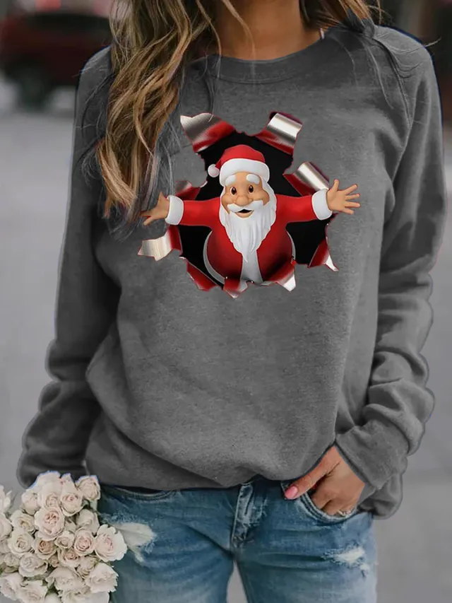 Polyester Santa Claus Printed Autumn And Winter Long Sleeve Round Neck Brushed Wool T shirt Women's Top Gray - Shop at LoveMi