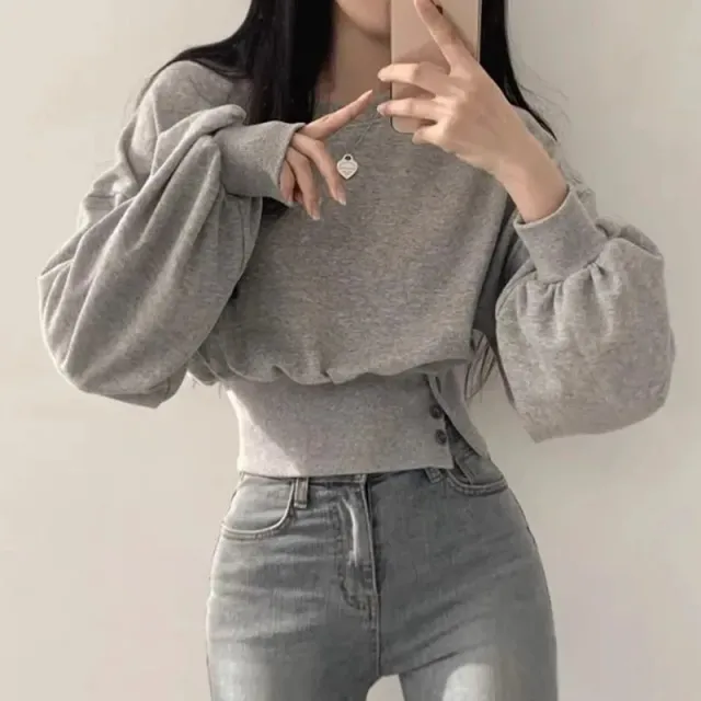 Autumn Crew Neck Button Long Sleeve Short Pullover Sweatshirt Top For Women Dark Gray - Shop at LoveMi