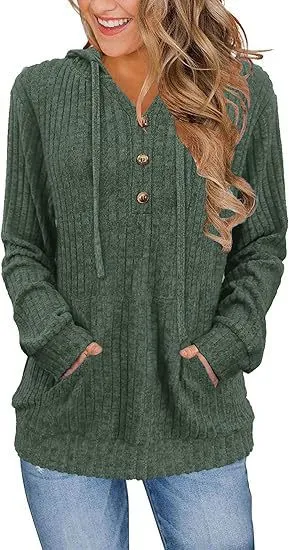 Solid Color Long Sleeve Hoodie Brushed Bedford Cord Sweater Green - Shop at LoveMi