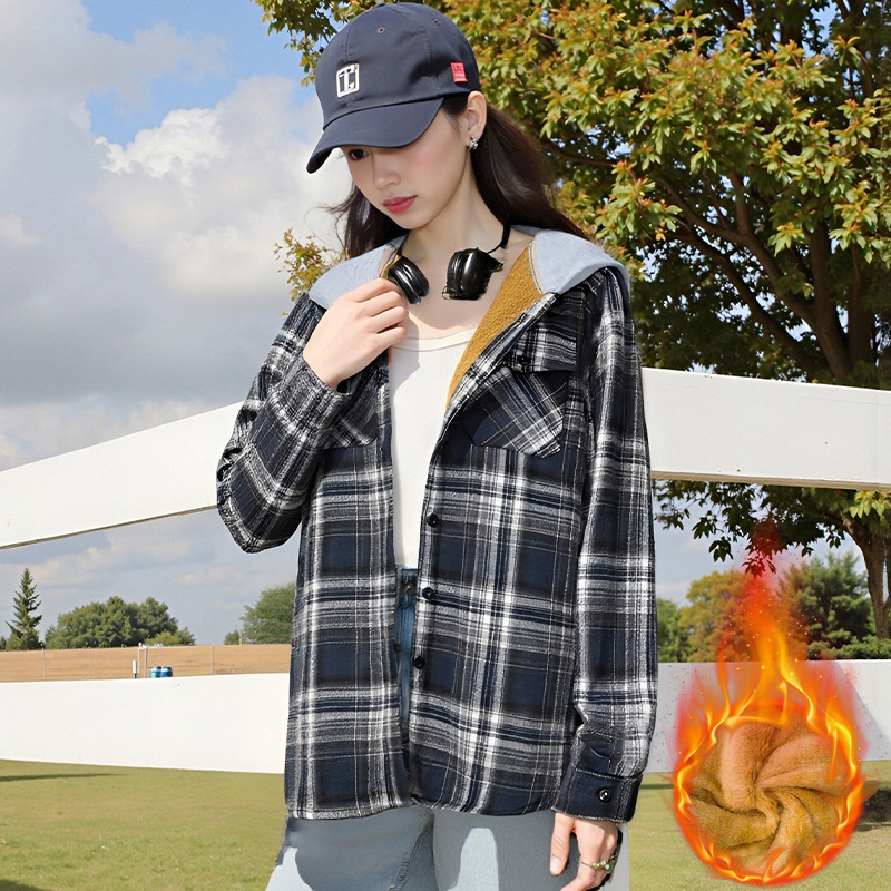 Casual And Loose Hooded Plaid Shirt Top For Women - Image 5
