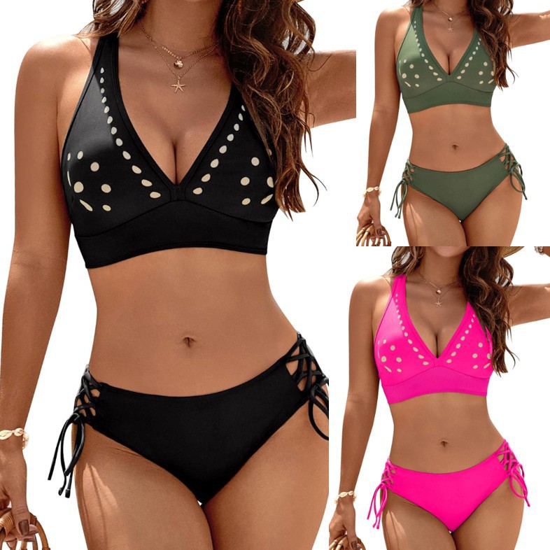Hollowed-out Triangle-Cut Lace-Up Bikini For A Spicy Look, Solid-Color Design For Hot Springs And Vacation