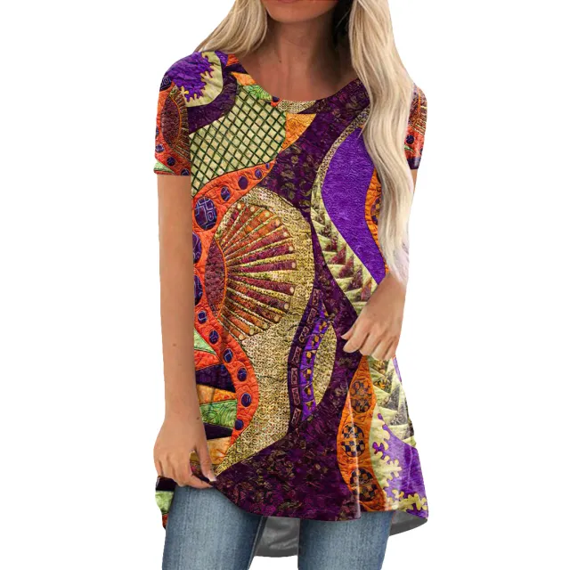 Crew Neck Casual Ethnic Style Vintage Print Short Sleeves T shirt T1 Vintage Purple - Shop at LoveMi