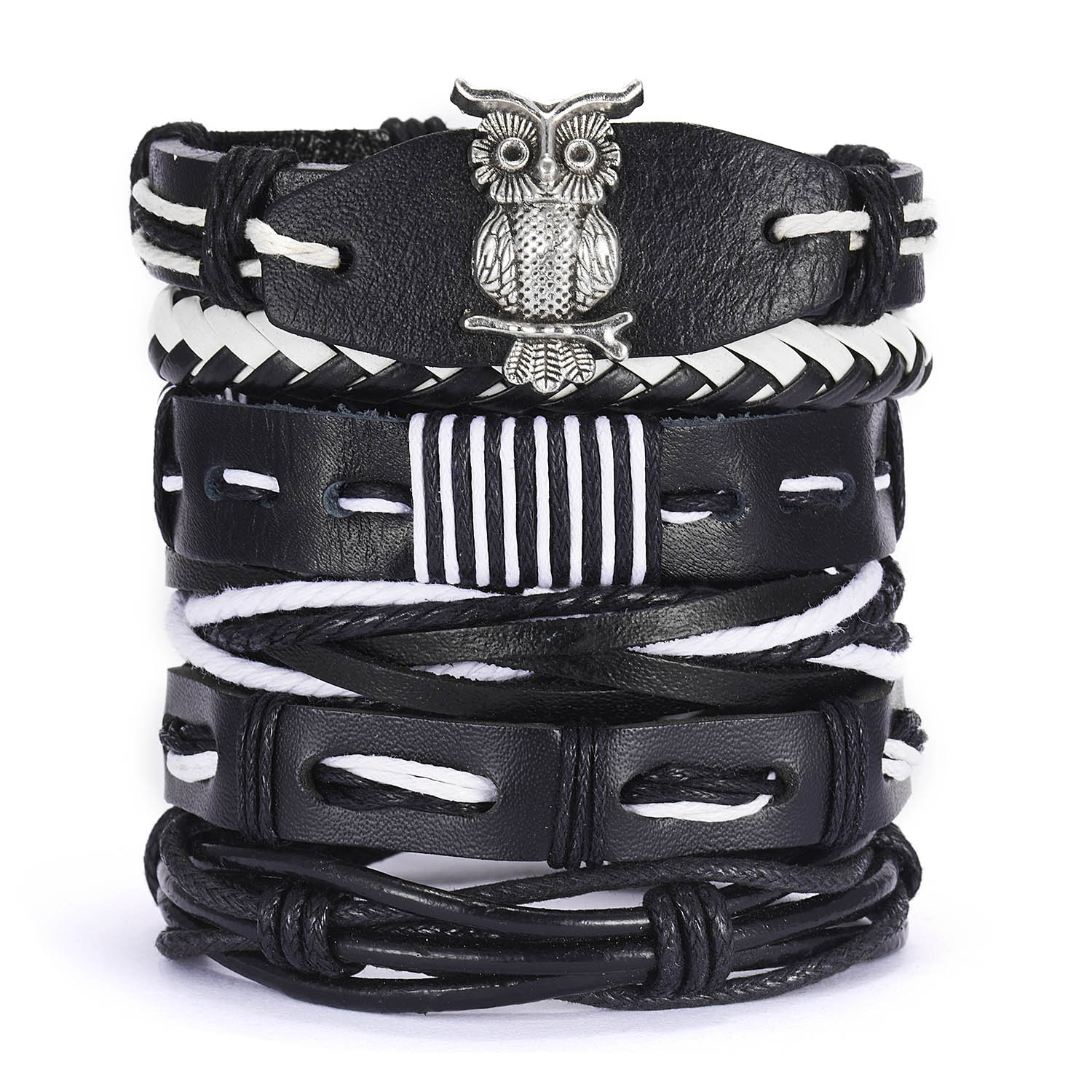 Yiwu Wholesale New Men's Leather Set Bracelet Creative Leaves Wooden Bead Woven Leather Adjustable Set Bracelet