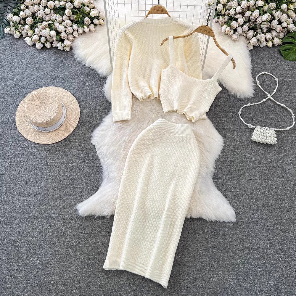 High Waist Slimming Knitted Sweater Cardigan Coat Three-piece Set