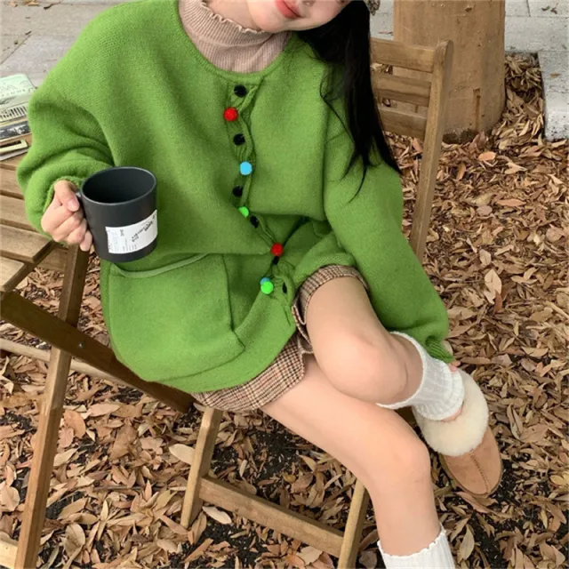 Women's Retro Solid Color Wool Ball Knitted Cardigan Green - Shop at LoveMi